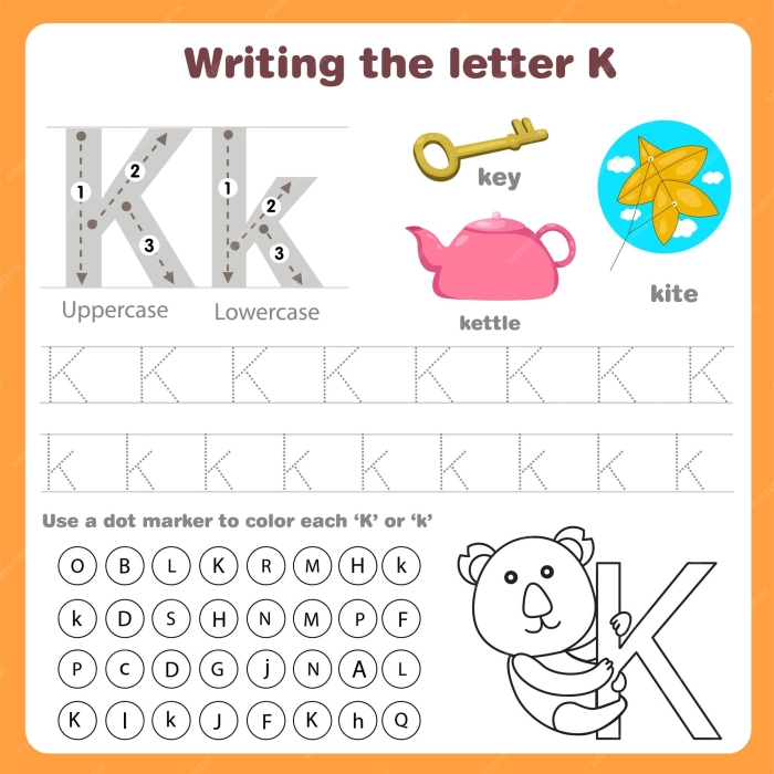Preschool worksheet featuring the letter K with coloring activities for early learners