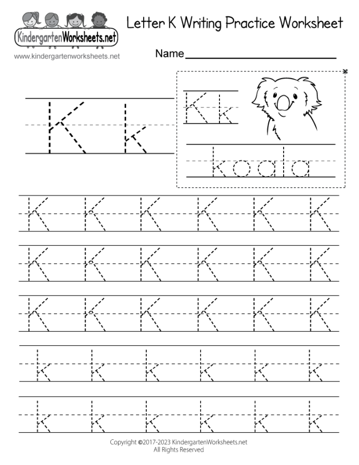 Preschool worksheet featuring letter K with coloring activities to enhance alphabet skills