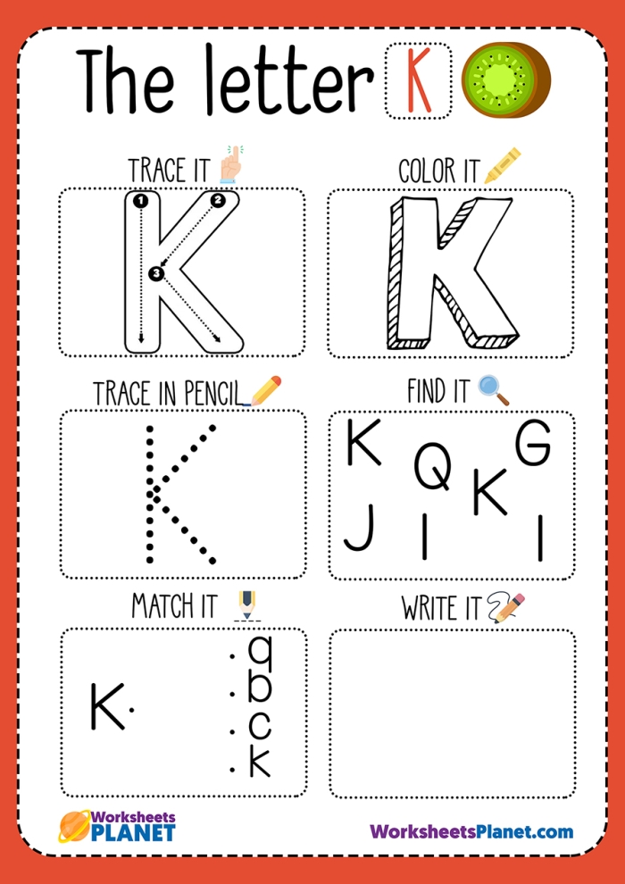 Preschool K Is For worksheet focusing on letter K sounds and coloring activities