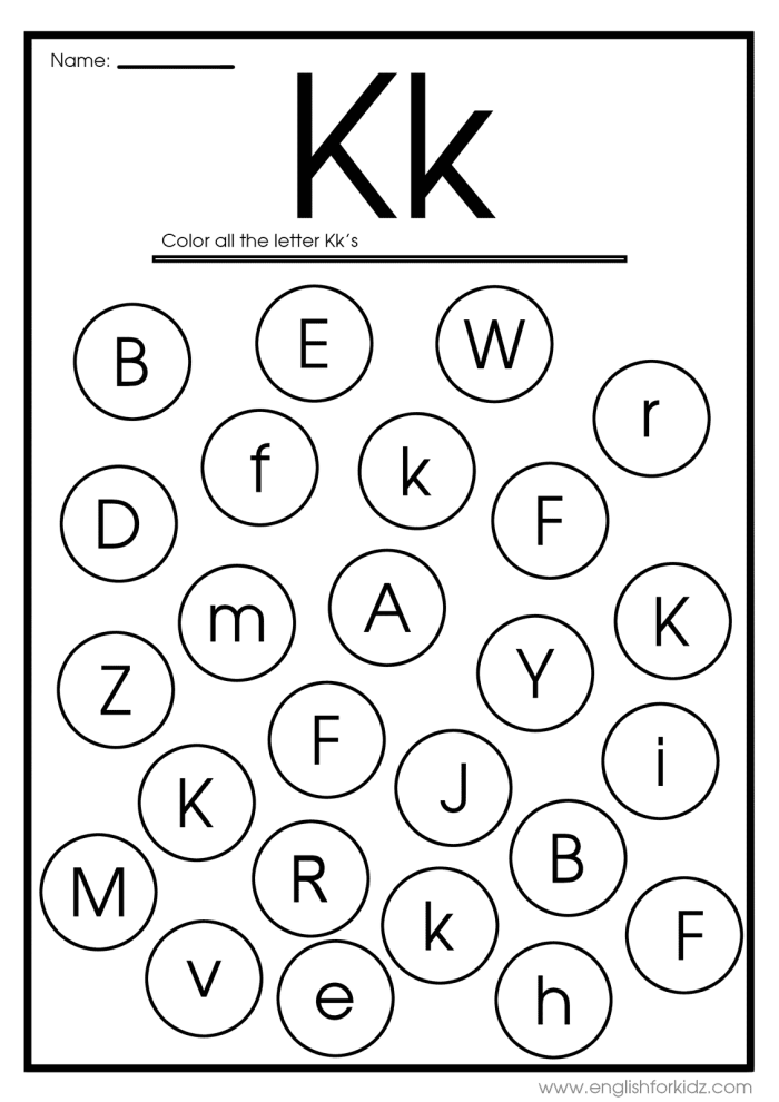 Preschool letter K worksheet focusing on the alphabet and letter sounds with coloring activities