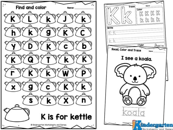 Preschool letter K coloring worksheet focusing on letter sounds and alphabet skills