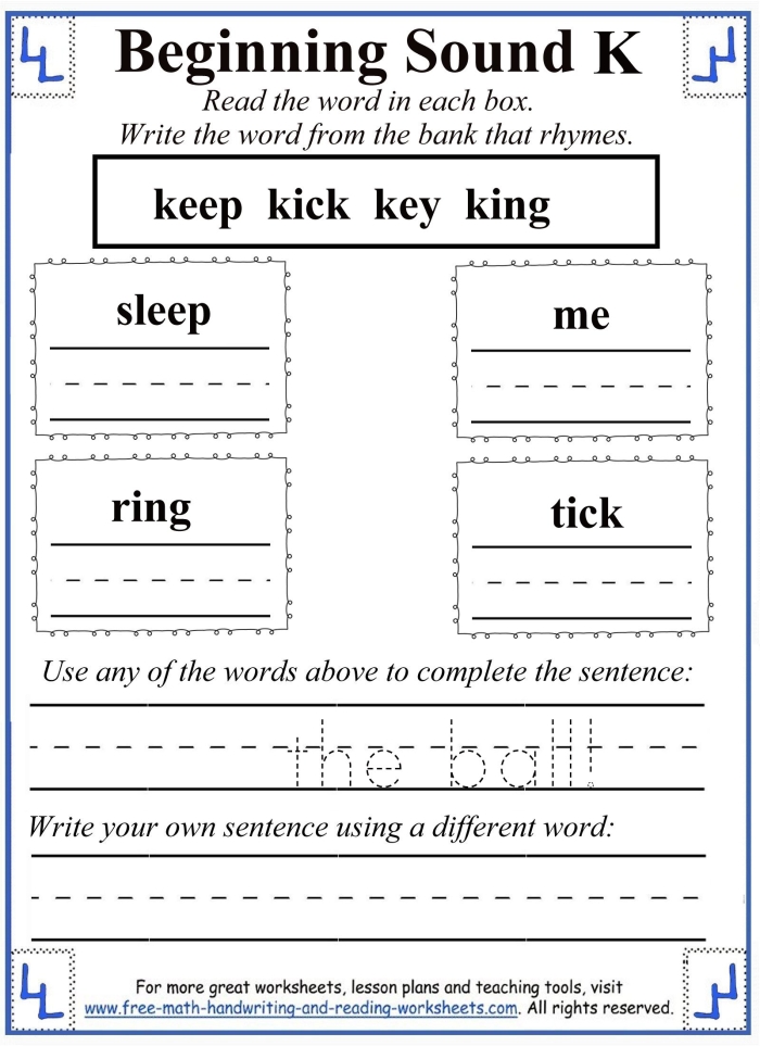 Preschool worksheet focusing on the letter K and its sounds with coloring activities