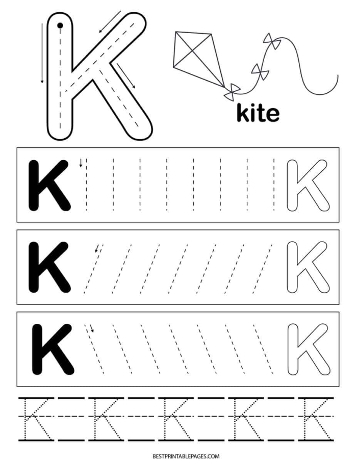 Preschool K Is For... worksheet featuring letter K practice and coloring activities