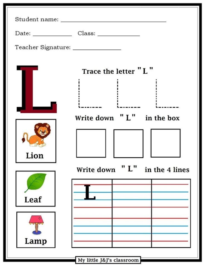 Engaging L Is For... worksheet for early learners to explore letter sounds and coloring fun Preschool worksheet featuring the letter L with pictures to color and trace