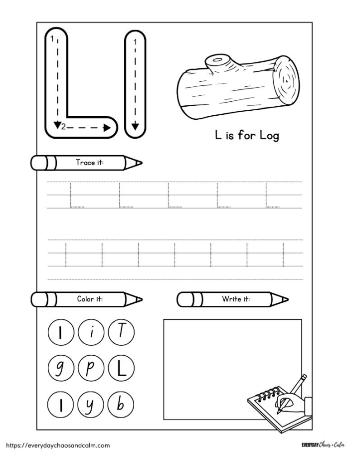 Color and learn the letter L with this fun place value worksheet for Pre-K students Preschool worksheet featuring the letter L with coloring activities for early learners