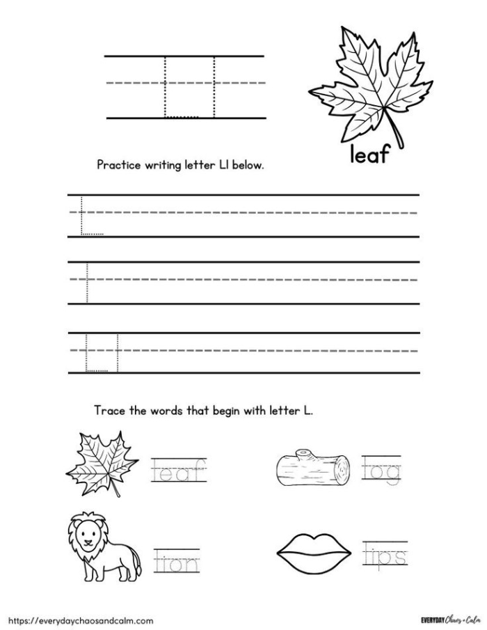 Engaging L Is For... worksheet to support letter recognition and sounds for Pre-K students Preschool worksheet focusing on the letter L with coloring activities for early learners