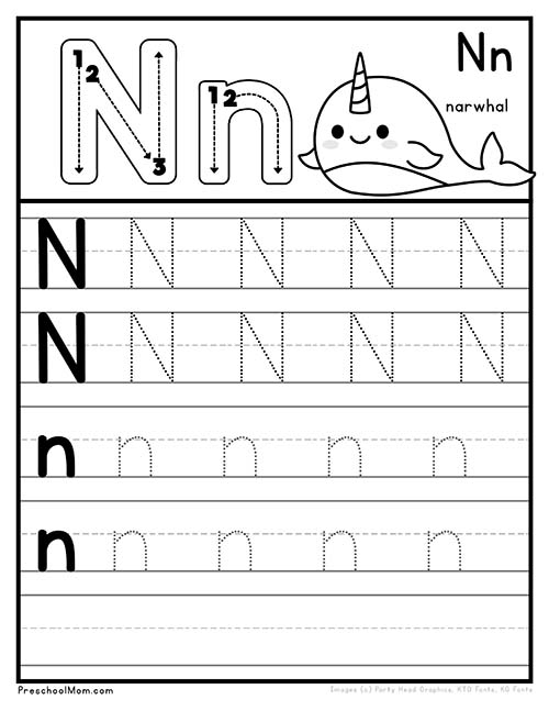 Worksheet image for teaching the letter N to Pre-K students in Get Ready for Reading series Preschool worksheet focused on the letter N to prepare for reading in division category