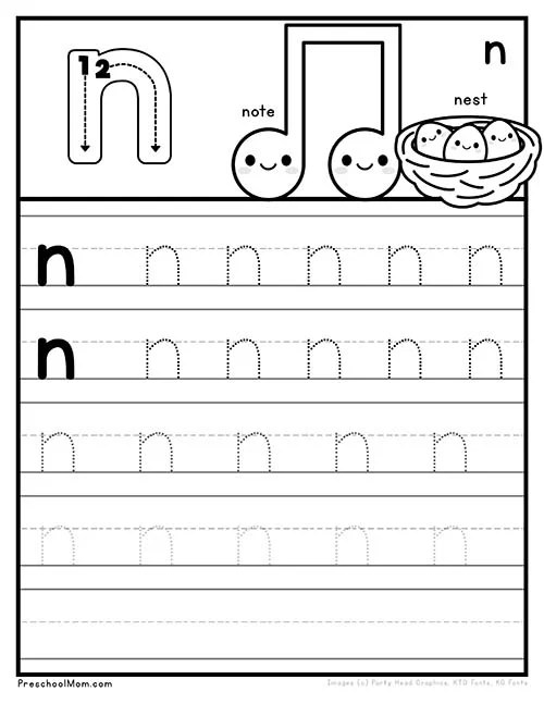 N Is For... alphabet learning sheet for early readers and coloring fun Preschool worksheet featuring the letter N with coloring activities and sound practice