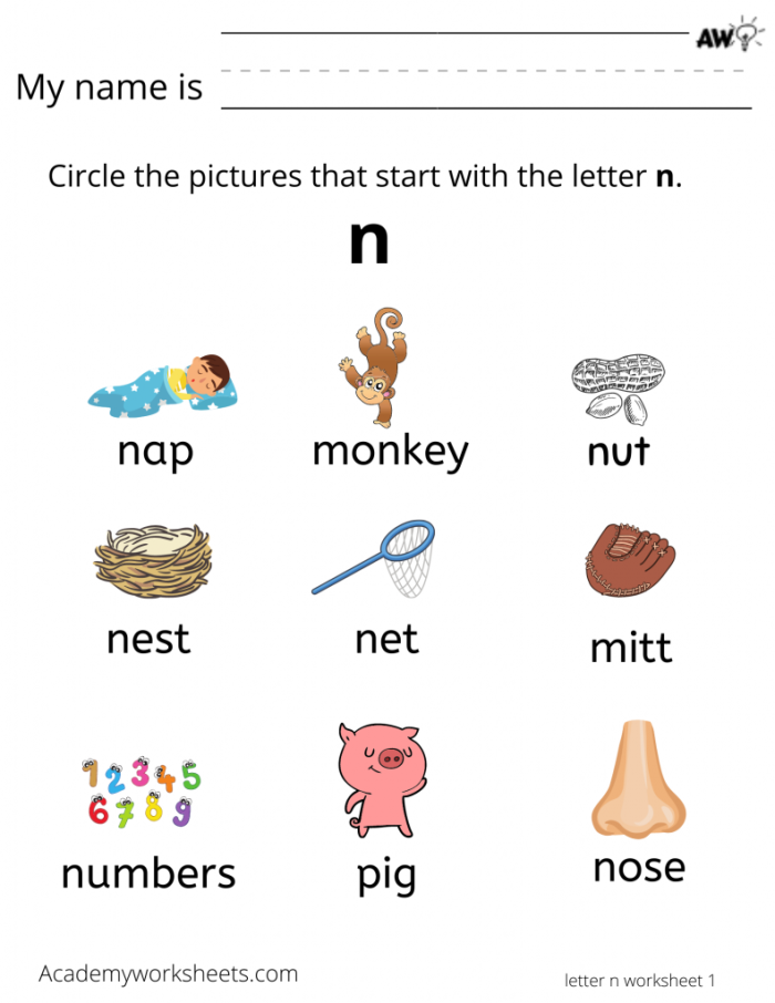 Engaging N Is For worksheet for Pre-K reading and alphabet practice Preschooler coloring a fun N Is For worksheet to learn letter N sounds