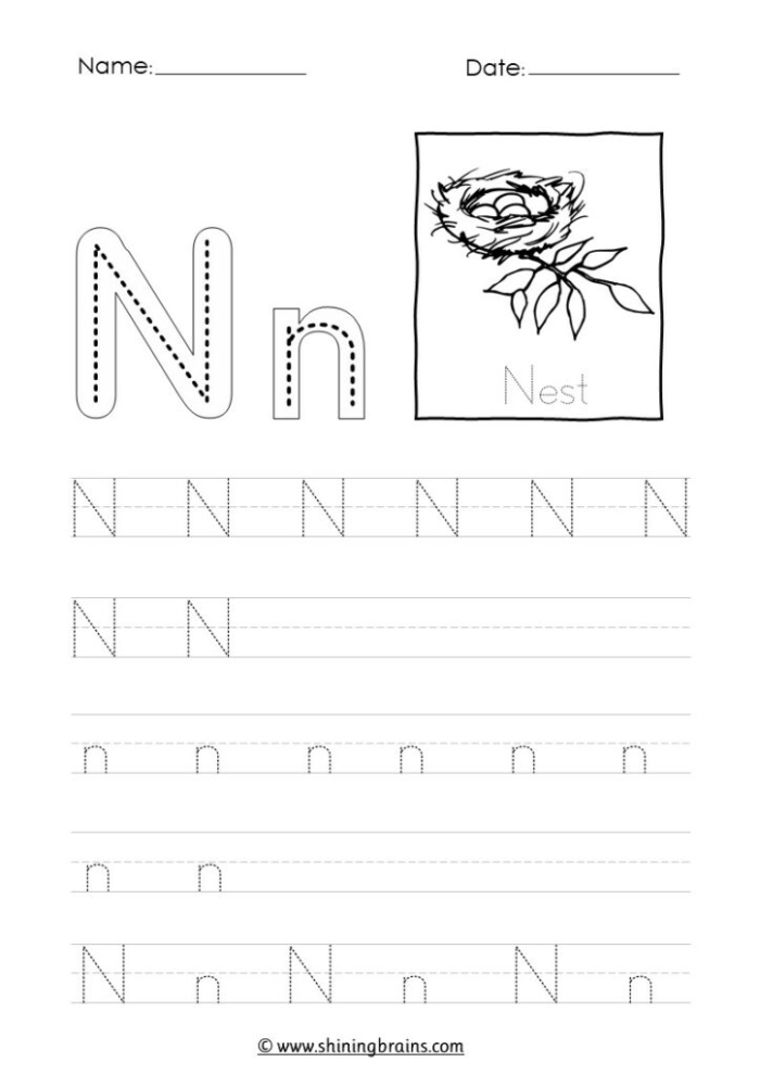 Get Ready for Reading letter N worksheet for early learners in preschool division Preschool worksheet focused on the letter N with colorful illustrations and practice activities