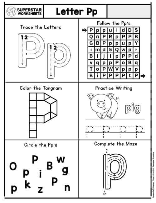 Letter P learning activities for pre-K students including tracing and picture identification exercises Preschool student practicing letter P recognition and writing with colorful pictures to trace and color