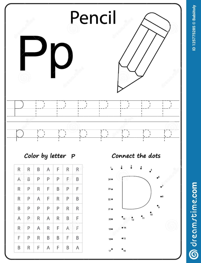 Fun and engaging P Is For... worksheet for early geometry and alphabet practice, image 5 Preschooler coloring a letter P worksheet with shapes and pictures for learning sounds