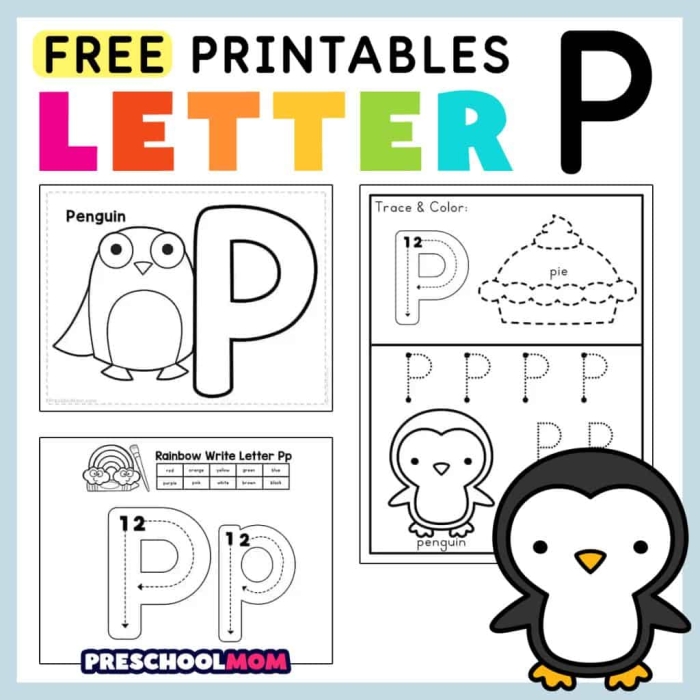 Colorful letter P learning worksheet for preschool geometry activities number 14 Preschool P Is For worksheet featuring letter P sounds and shapes to color