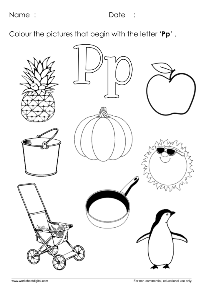 Engaging P Is For... worksheet for preschool geometry and alphabet learning session Preschooler coloring a P Is For... worksheet focused on letter P sounds and shapes