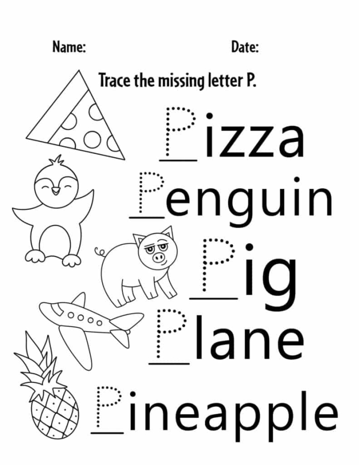 Letter P learning activities for preschoolers including tracing exercises and picture coloring practice Preschool student practicing letter P recognition and writing with colorful pictures to trace and color on worksheet nine