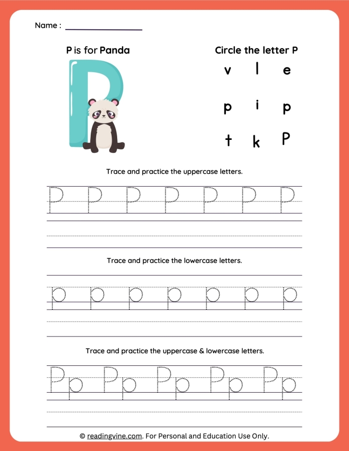 Letter P introduction worksheet for pre-K students with writing practice exercises Preschool child practicing letter P with tracing and coloring activities on a worksheet