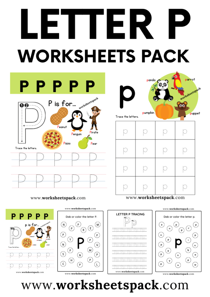 Letter P practice activities for preschoolers learning to read and write Preschool child tracing and coloring letter P with colorful pictures on a learning worksheet