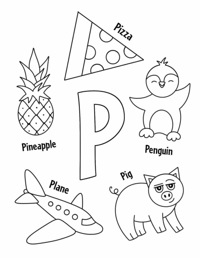 Get Ready for Reading Letter P Activity Sheet for Preschoolers with Writing Practice and Coloring Preschool letter P worksheet with tracing lines and colorful pictures for beginning readers to practice writing and recognizing the letter P