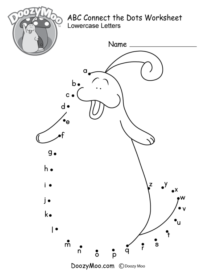 Pre-K phonics connect the dots coloring page showing a whale illustration Connect the dots worksheet with letters forming a whale shape for Pre-K phonics practice