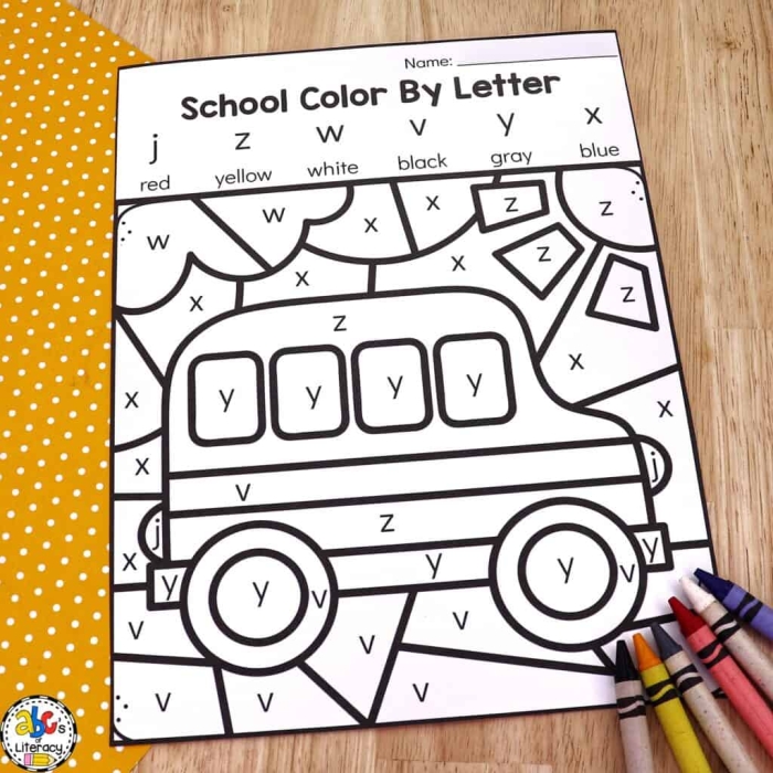 Color by Letters activity sheet for practicing the alphabet and mixed operations skills Kindergarten Color by Letters worksheet focusing on letter recognition and ABC review