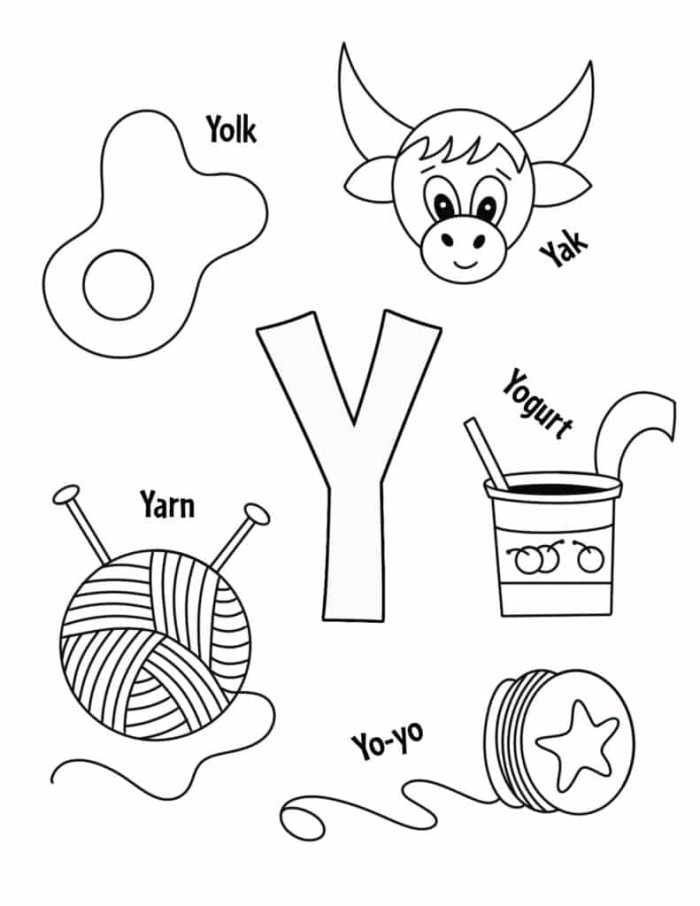 Preschool worksheet featuring the letter Y with coloring activities for early learners