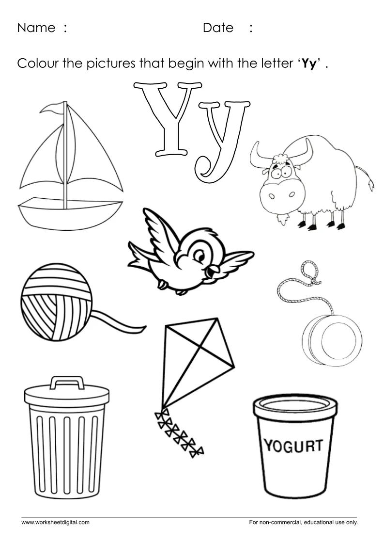 Preschooler coloring a letter Y worksheet with images that start with Y