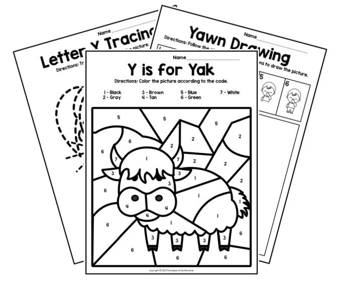 Preschool worksheet featuring the letter Y with coloring activities for early learners
