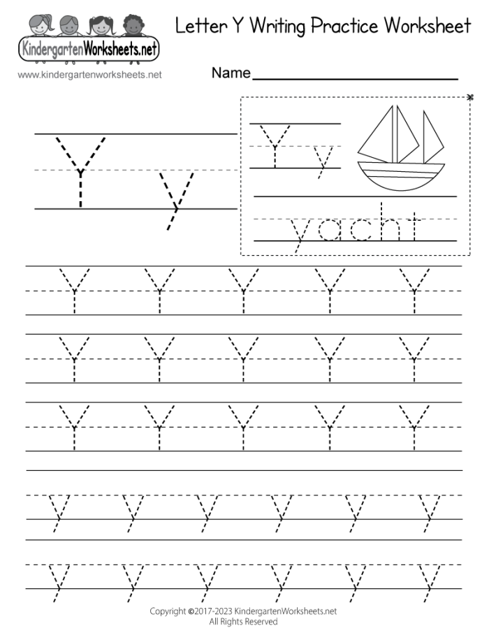 Preschool worksheet featuring the letter Y with coloring activities for early learners
