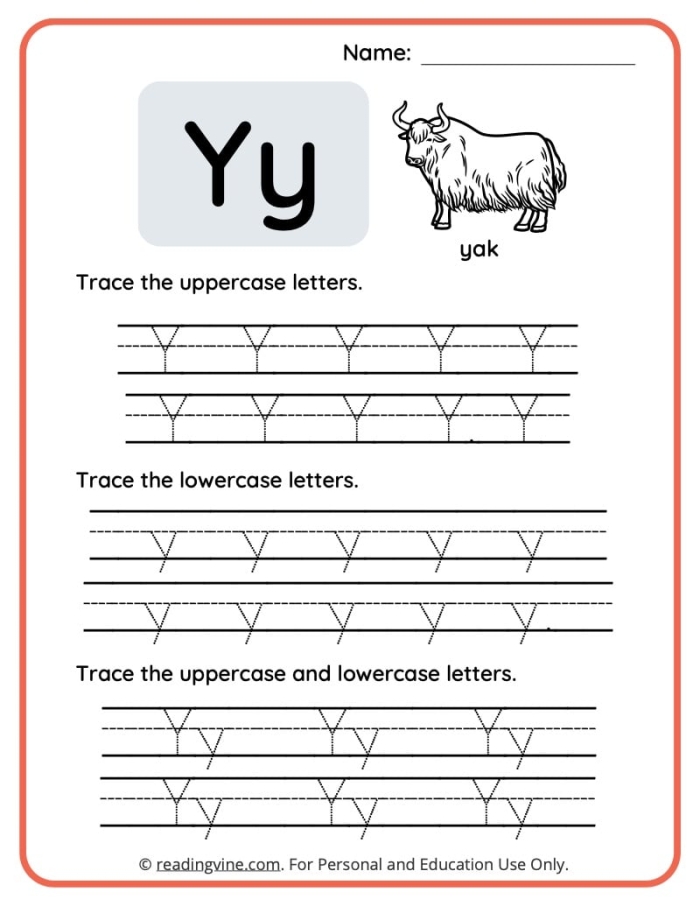 Preschool worksheet focused on the letter Y featuring coloring activities and alphabet practice