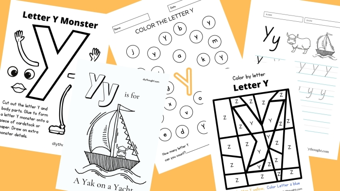 Preschool worksheet featuring the letter Y with fun coloring activities