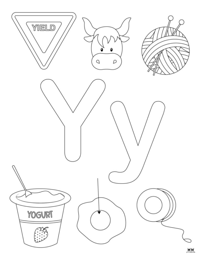 Preschool worksheet focused on letter Y with coloring activities to teach the alphabet