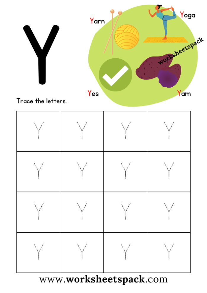 Preschool worksheet focused on letter Y with coloring activities and alphabet practice