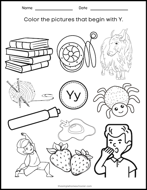 Preschool worksheet focusing on the letter Y with coloring activities and letter sound practice
