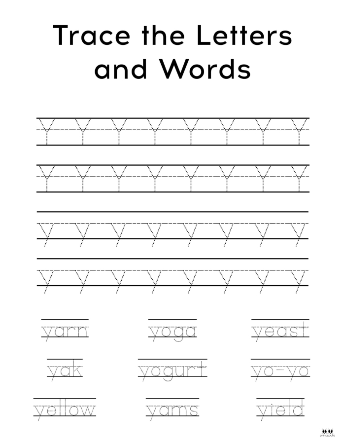 Preschool worksheet featuring the letter Y with pictures to color and practice sounds