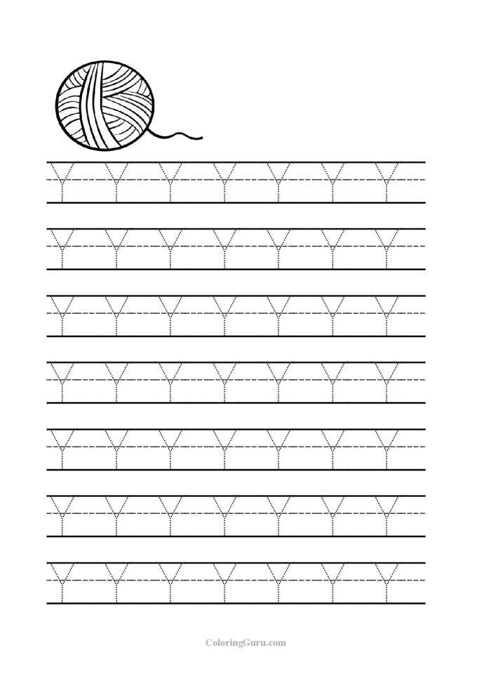 Preschool worksheet showing letter Y with pictures to color and trace