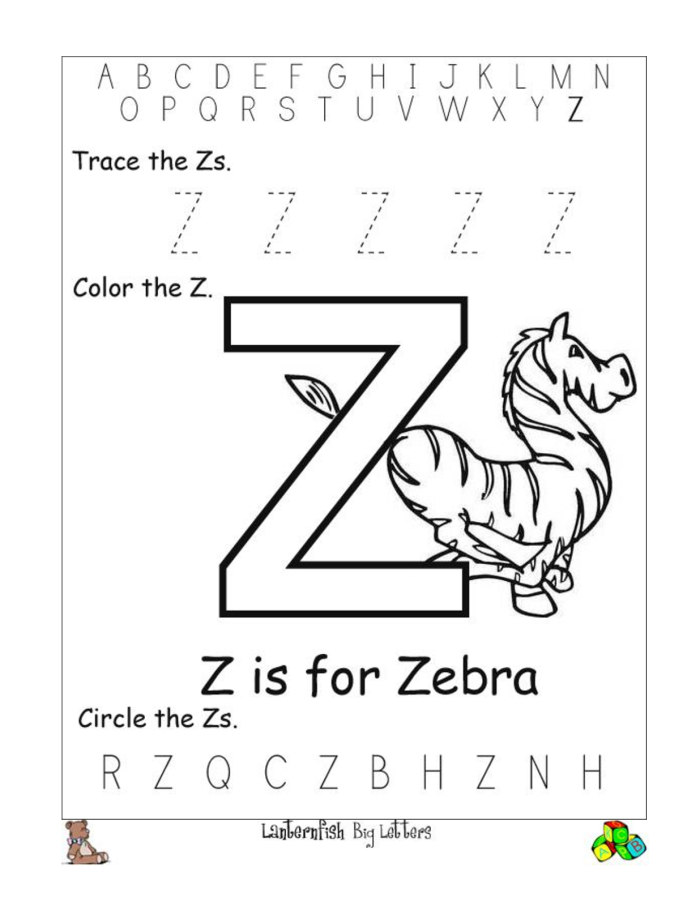 Preschool worksheet featuring the letter Z with fun coloring activities