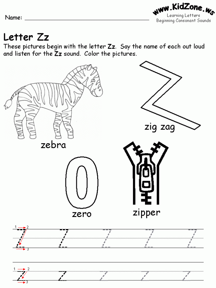 Preschool worksheet featuring the letter Z with coloring activities for early learners