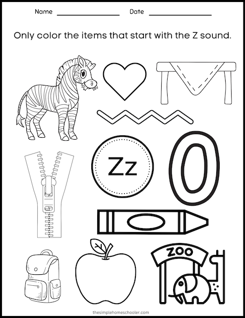 Preschooler coloring a Z Is For worksheet to learn the alphabet and letter Z sounds