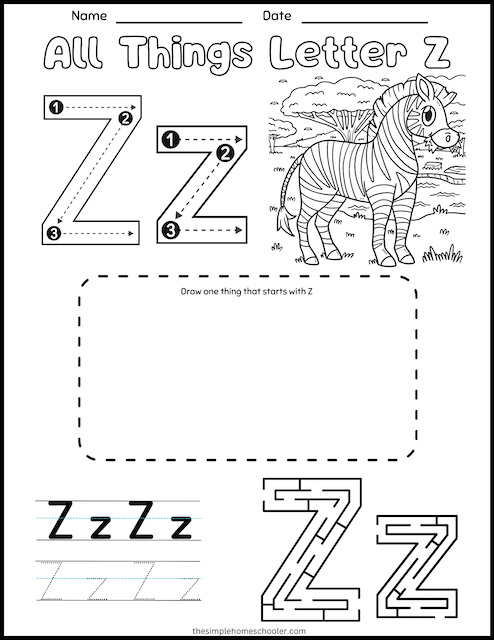 Preschooler coloring a letter Z worksheet with fun history-themed images