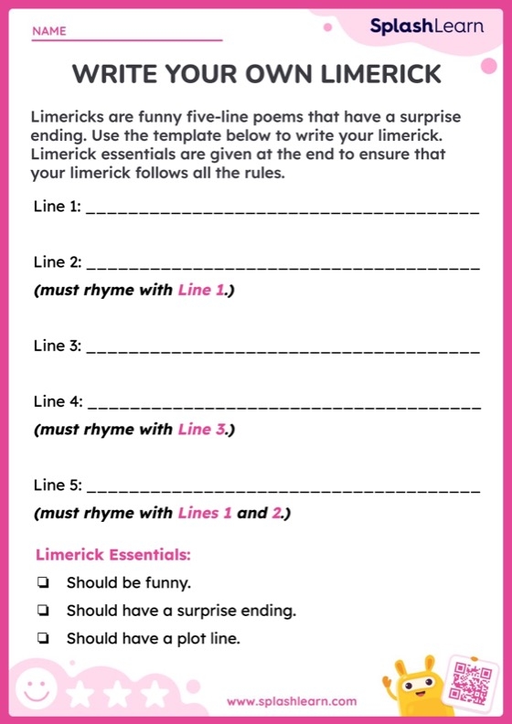 Engaging limerick writing practice for third graders on worksheet one Third grade student happily working on a Write Your Own Limerick worksheet