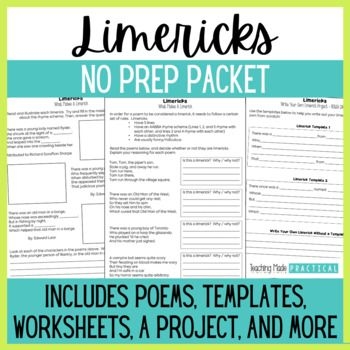Fun and engaging limerick writing exercise worksheet for third graders, image twelve Third Grade student completing a Write Your Own Limerick worksheet with colorful illustrations