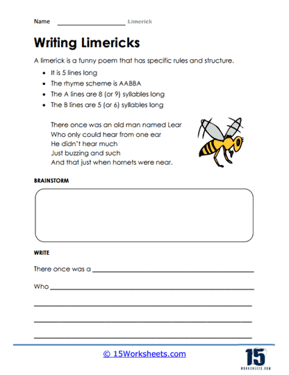 Engaging limerick writing exercise for third graders on worksheet page sixteen Third grade student completing the Write Your Own Limerick worksheet to learn limerick structure