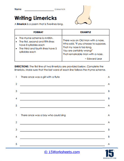 Creative limerick writing practice for third graders on worksheet 13 Third Grade Write Your Own Limerick worksheet with fun rhymes and writing prompts