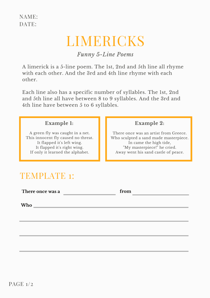Engaging limerick writing activity for kids on worksheet number 19 Third Grade student working on Write Your Own Limerick worksheet with fun rhymes