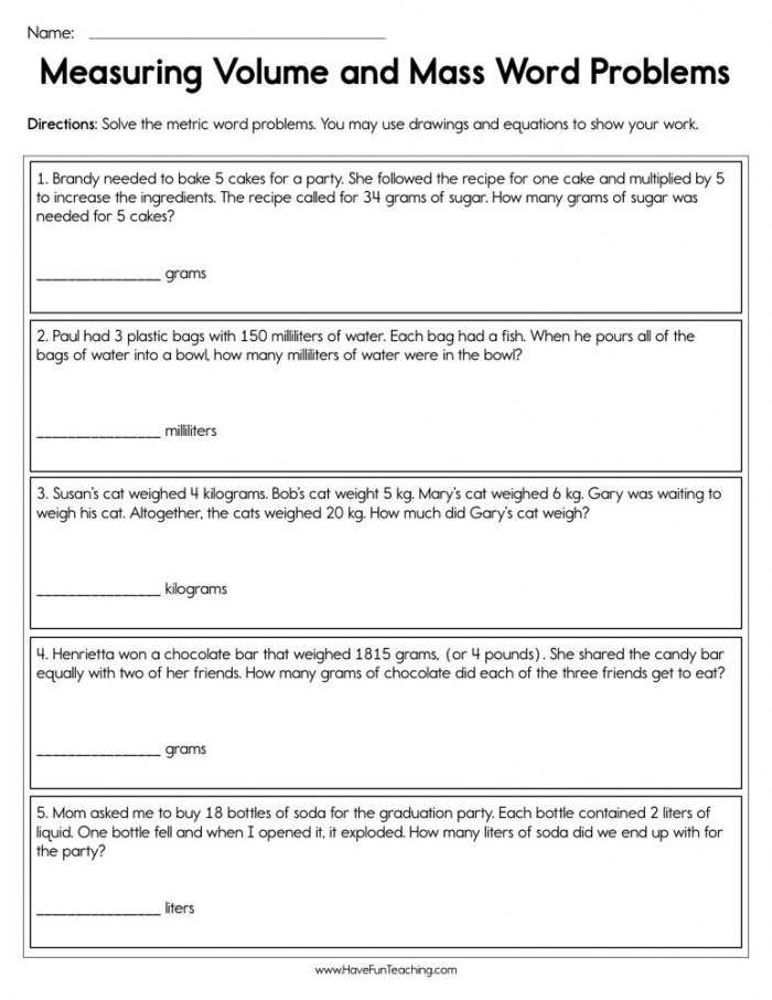 Liquid Measurement Word Problem worksheet for fourth graders featuring a conversion chart