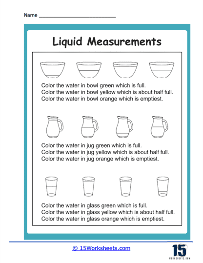 Liquid Measurement Word Problem worksheet featuring a liquid conversion chart for fourth graders