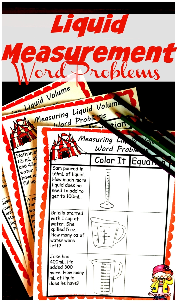 Liquid Measurement Word Problem worksheet for fourth graders featuring a conversion chart