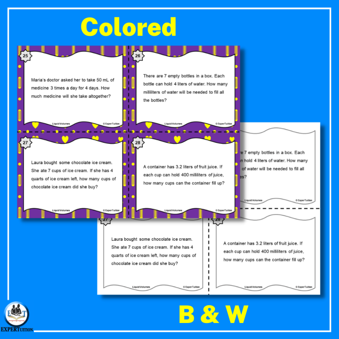 Liquid measurement word problem worksheet for fourth graders featuring a conversion chart