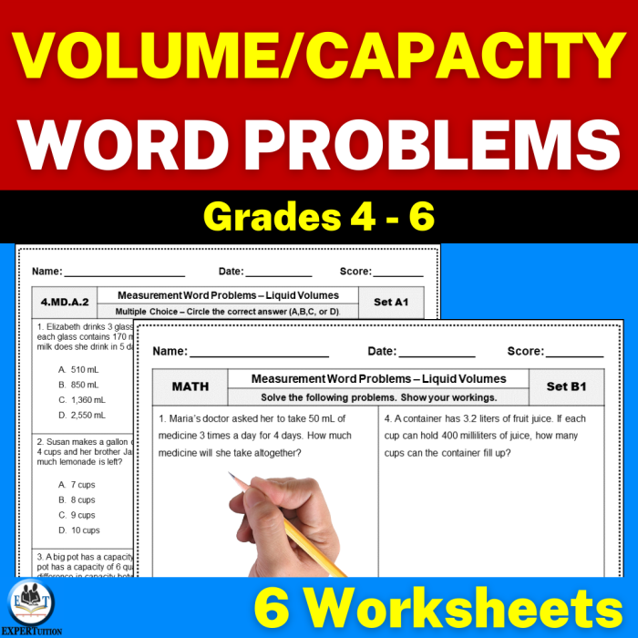 Liquid measurement word problem worksheet featuring conversion exercises for fourth graders