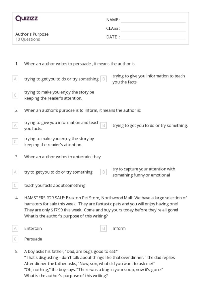 Author’s Purpose Exercise for Nonfiction Texts in Grade 6, Worksheet 24 Sixth grade worksheet on literary nonfiction emphasizing author’s purpose with two writing prompts